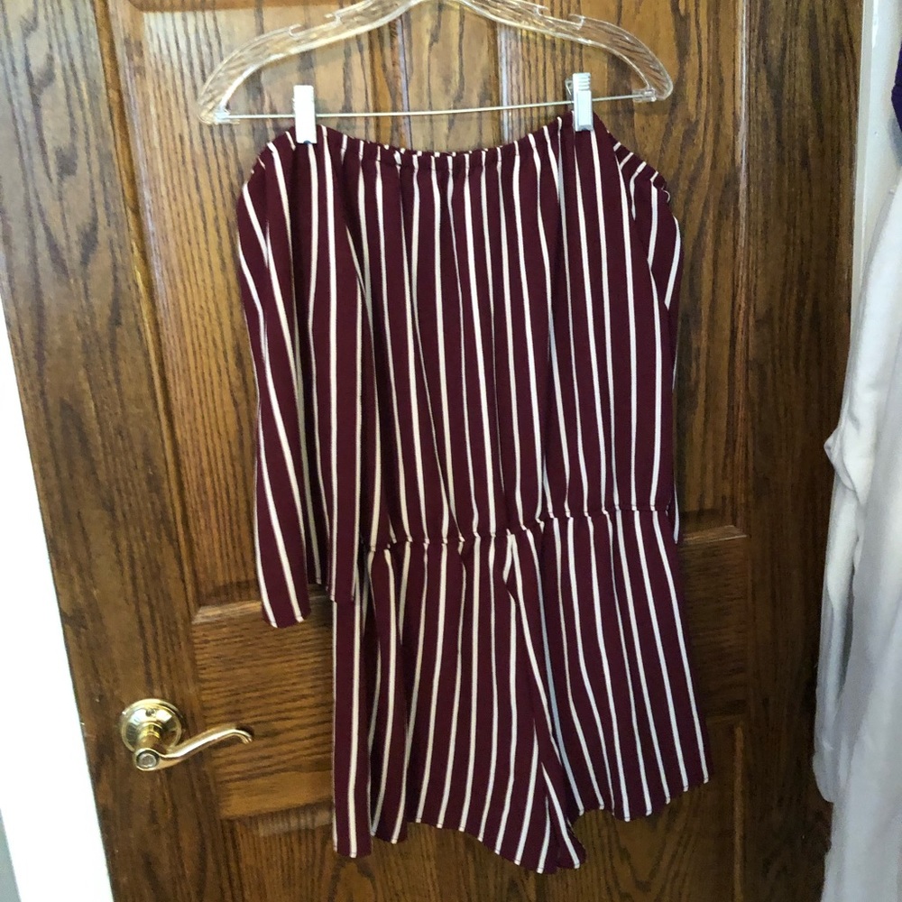 burgundy and white striped off the shoulder romper
